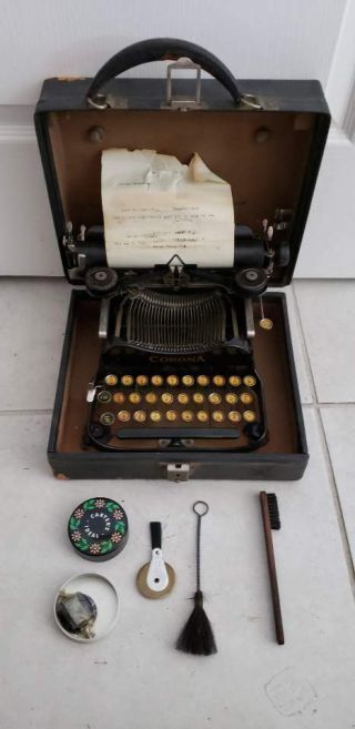 Antique C1920 Corona Model 3 Folding Typewriter In Case Eraser Ribbon Brush