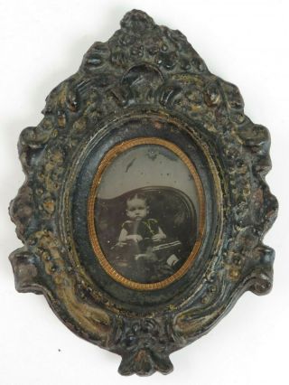 Antique Ambrotype Child Baby Cast Iron Frame Gold Accent Cross Post Mortem