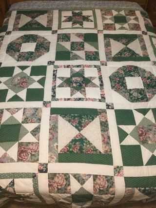 Great - Looking Patchwork Quilt Sampler Green Floral Full/queen 86x86