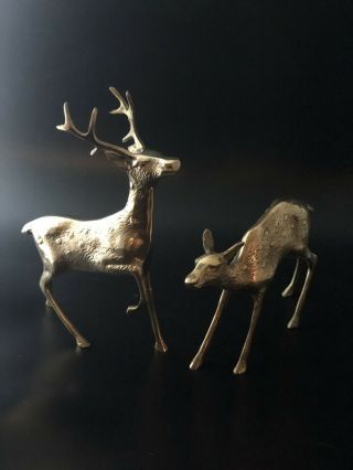 Vintage Mid - Century Large Solid Brass Doe & Buck Stag Deer Figurine Set