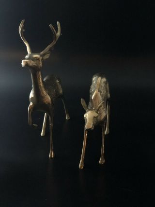 Vintage Mid - Century Large Solid Brass Doe & Buck Stag Deer Figurine Set 2