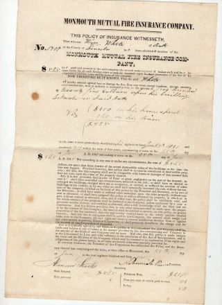 1841 Monmouth Fire Insurance Co Policy On Bath,  Maine House