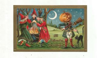 C.  1910 Gottschalk Halloween Postcard 2171 Witches,  Pumpkin Head Black Cat