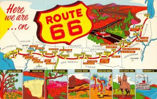Lpm22 Route 66 Map Chrome Postcard Main Street Of America Views