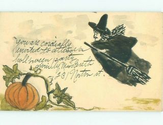 1916 Hand Drawn One - Of - A - Kind Witch On Halloween Party Invitation Ab4267