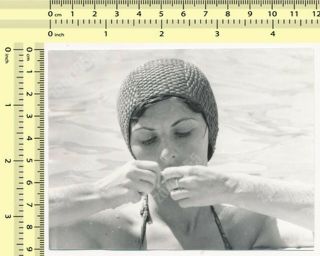 Pretty Woman Swim Cap Abstract Beach Portrait Lady Old Photo Snapshot