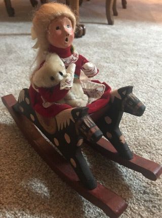 1990 Byers Choice Carolers Girl On Big Double Wooden Rocking Horse