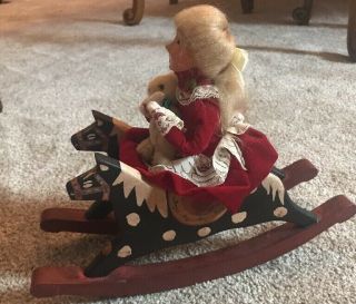 1990 Byers Choice Carolers Girl on Big Double Wooden Rocking Horse 4