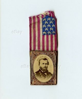 Antique Political Campaign Ribbon President Ulysses Grant Flag Badge Albumen Gem