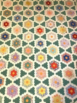 Vtg Grandmother’s Flower Garden Cotton Feed Sack Quilt Hand Sewn Hexagons 84x66