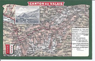 Vintage Switzerland Pc Canton Du Valais Map & Information C1900s