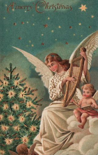 Gold Embel.  Christmas Angel W/ Harp Cherub W/ Songbook Vibrant 1907 Postcard Gem