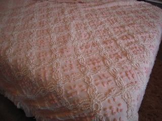 Vintage Pink & White Chenille Bedspread Fringe Edge 103x93 " Queen/full