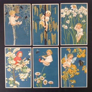 Fantasy Floral Children Postcards (6) M.  M.  Vienne Series 299 - Lovely Backgrounds