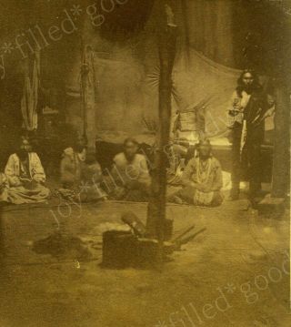 1870s Very Rare View Of Indians Inside Native American Wigwam Stereoview