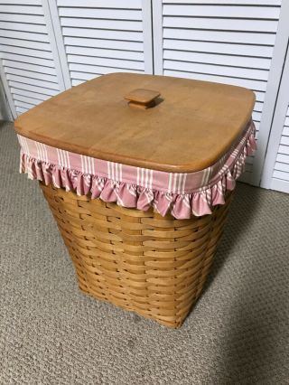 Longaberger 1997 Tall Square Waste Basket With Lid & Liner 17x14x14