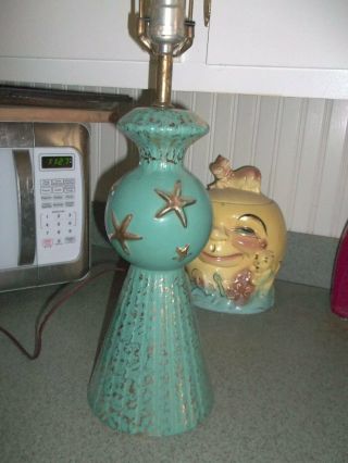 Awesome Vintage Mid Century Modern Turquoise And Gold Leaf Ceramic Lamp