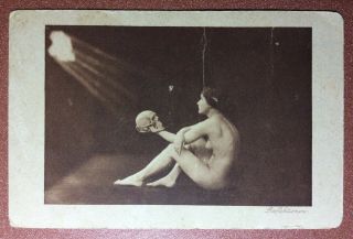 Rare Antique Postcard 1909 Nude Witch With Human Skull.  Reflection Moonlight.  1