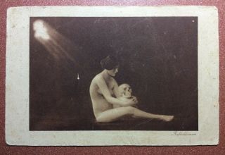 Rare Antique Postcard 1909 Nude Witch With Human Skull.  Reflection Moonlight.  2