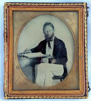 Antique 1850s 1/6 Plate Ambrotype Photograph Photo Leather Case Man At Desk
