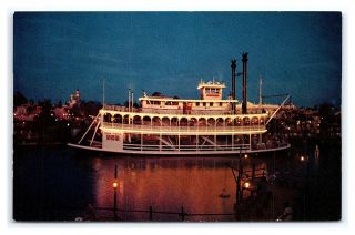 Vintage Postcard Mark Twain Steamboat At Night Disneyland Anaheim Ca V1