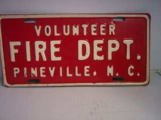 Vintage / Antique Volunteer Fire Dept.  Tag Pineville,  N.  C.  Steel