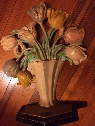 Antique Cast Iron Door Stop Basket Of Tulips 443