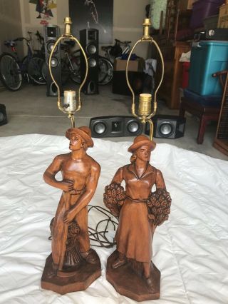 Vintage Hand Carved Wooden & Brass American Farmers Table Lamps L@@k