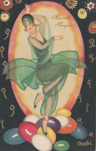 Art Deco ; Chiostri ; Flapper Woman In Green,  Easter,  1910 - 30s