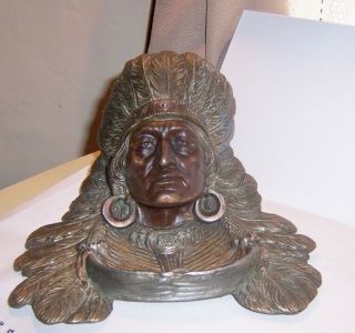 Antique Native American Indian Chief Figurai Inkwell W/ Insert Orig