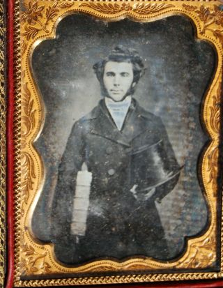 1/4 Plate Daguerreotype Of Possibly A Lawyer With Top Hat & Large Book