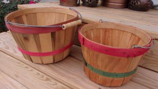 Set Of 2 Vintage Red Green Wood Slat Apple Picking Baskets W/wire Bale Wood Hand