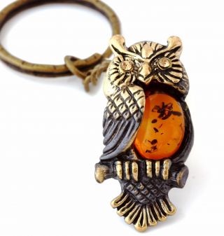 Eagle Owl Brass Bronze Figurine Keychain Keyring Pendant Baltic Amber Bird