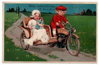 Boy Girl Baby Doll Motorcycle Motor Cycle Sidecar Seat Artist Signed Postcard
