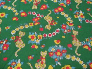 Adorable Vintage Cotton Fabric With Cats & Flowers In Bright Colors