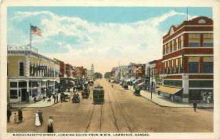 C1918 Postcard; Massachusetts Street South At 9th Lawrence Ks Douglas Co Trolley