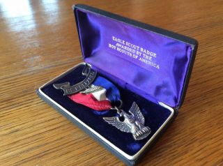 Vintage Sterling Silver Eagle Scout Award Ribbon Medal Pin And Palm Leaf Pin