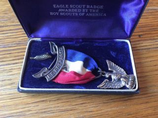 Vintage Sterling Silver Eagle Scout Award Ribbon Medal Pin And Palm Leaf Pin 5