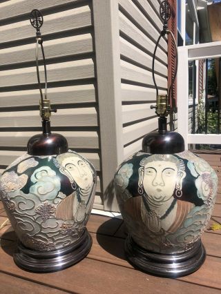 Frederick Cooper Chicago Buddha Asian Boho Chic Crackle Pottery Lamp Pair