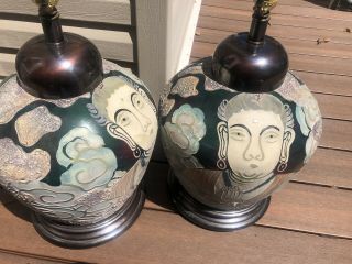 Frederick Cooper Chicago Buddha Asian Boho Chic Crackle Pottery Lamp PAIR 7