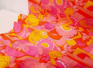 Vintage Polyester Blend Flower Power Pink Yellow Orange Fabric 43 " W 2yd 15 "