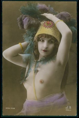 French Nude Woman Feathers Hat C1910 - 1920s Tinted Color Photo Postcard