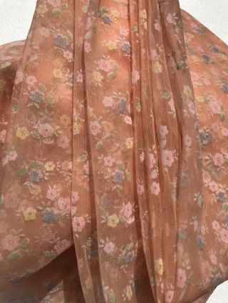 Vintage Sheer Orange Flocked Pastel Petite Flowers Floral Fabric 3 yds X 44 