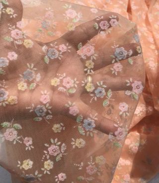 Vintage Sheer Orange Flocked Pastel Petite Flowers Floral Fabric 3 yds X 44 