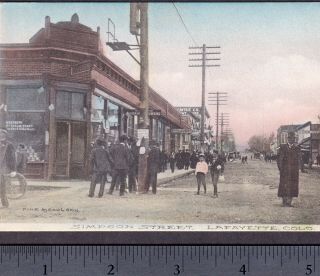 Lafayette Colorado 1910 Postcard Drugstore Livery Dirt Main Street Boulder Area