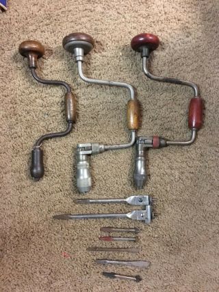 3 Vintage Antique Auger Brace Drill Ben Hur Mohawk Shelburne 5 Craftsman Bits,