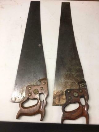 (2) Vintage H.  Disston & Sons D - 8 Thumb Hole Hand Saw Saws Carpenter Tools Usa
