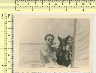 Couple Handsome Trunks Man Dog & Woman In Sailboat Beach Old Orig Photo Snapshot