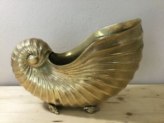 Vintage Large Brass Sea Shell Planter Nautilus Beach Conch