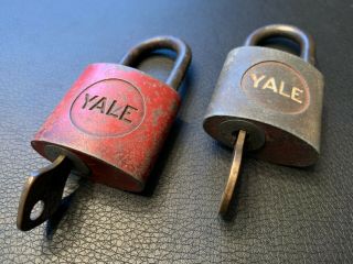 2 Vintage Yale Towne Red Gray Metal Padlocks Keys Set Pair